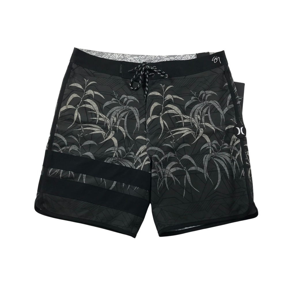 Hurley Mens Phantom Board Shorts Gray Black Tropical Leaf 32 CI2633 18 Inch